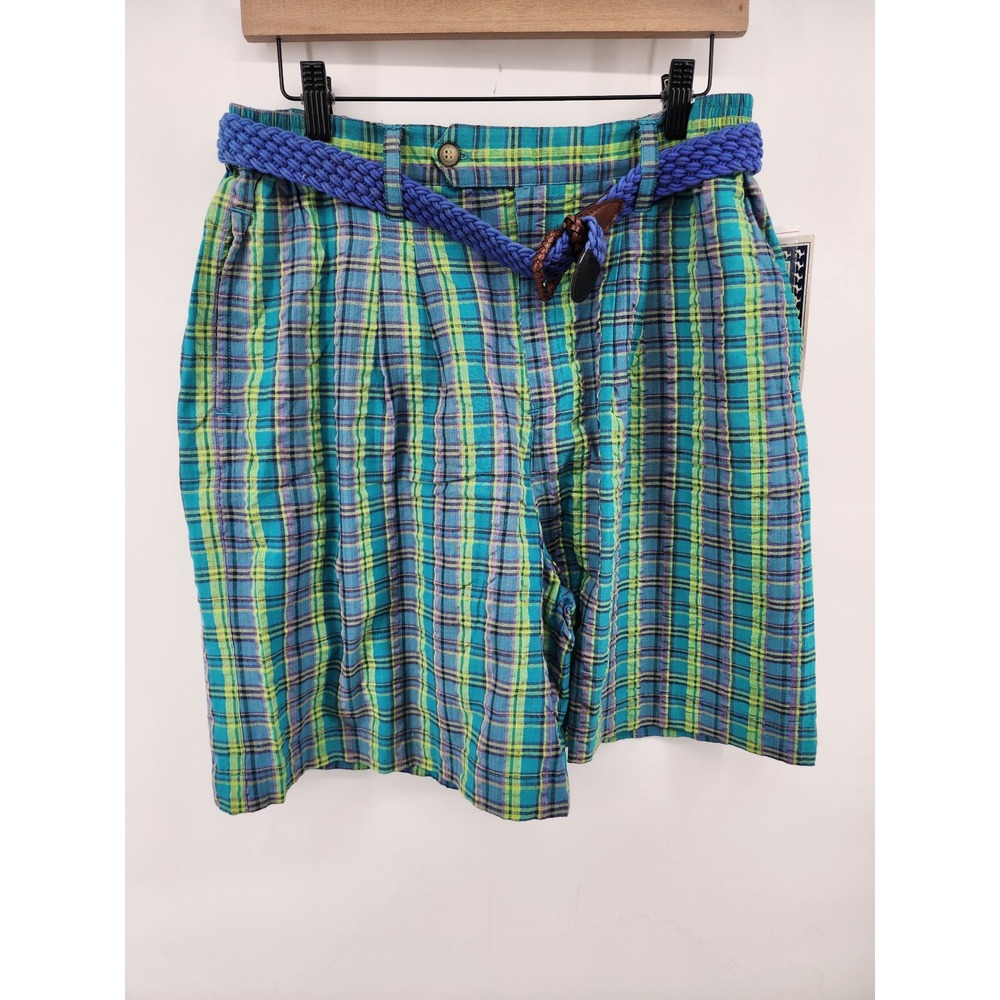 White Stag Plaid Pleated Belted Shorts Teal Green Purple Size 14 Vintage 90s